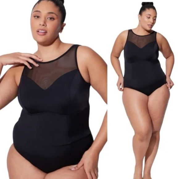 Torrid Black Hi Neck Mesh Scoop Back One Piece Bathing Suit Size 6x NWT - Picture 1 of 5